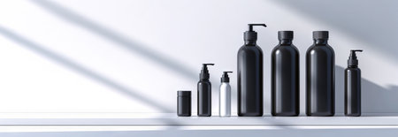 Minimalist Black Beauty Product Bottles on White Background Showcasing Modern Skincare and Haircare...
