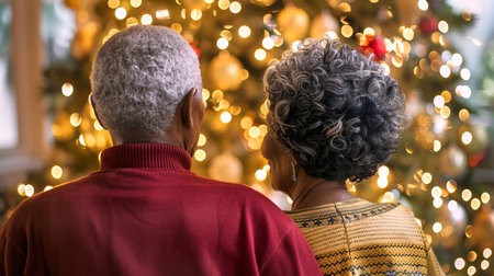 Elderly African American Couple Enjoying Festive Christmas Lights. Concept of Holiday Celebration, Togetherness, Joyful Moments, and Family Bonds.の写真素材