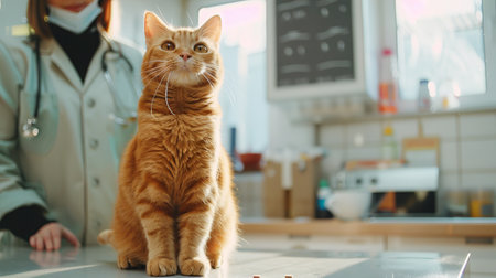 Veterinarian Woman Recommending Cat Food to Happy Orange Tabby Cat in a Clinic Setting Concept of Pet Care, Nutrition Advice, and Animal Health.の写真素材