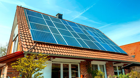 Modern Residential House with Solar Panels Under Clear Blue Sky. Concept of Sustainable Energy,...