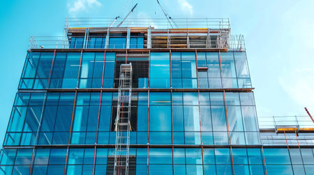 Modern Office Building Under Construction with Glass Facade and Crane in Blue Sky. Concept of Urban Development, Architecture, Engineering, and Contemporary Infrastructure.の写真素材