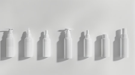 Collection of Blank Skincare Bottles in Minimalist Layout. Concept of Beauty, Skincare Packaging, Product Design, Modern Aesthetics. Mockup. Copy space. Banner. White background.の写真素材