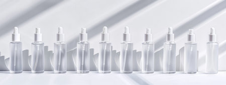 Minimalistic Array of Blank Skincare Bottles in Sunlight. Concept of Cosmetics Packaging, Beauty Product Design, Sustainability, Clean Aesthetics. White background. Mockup. Copy space. Banner.の写真素材