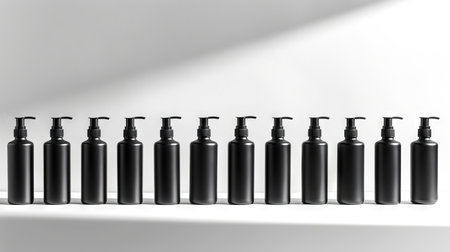 Minimalistic Collection of Black Skincare Bottles in Sunlight. Concept of Modern Beauty, Cosmetic Packaging, Product Design, and Wellness Essentials. Mockup. Copy space.の写真素材