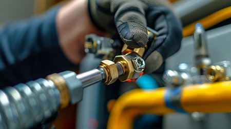 Technician's Gloved Hand Tightening Metal Connector on Equipment. Concept of Industrial Maintenance,...