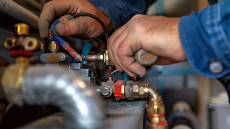 Technician's Hands Tightening Bolts on Machinery, Concept of Expertise, Industrial Maintenance, Mechanical Precision, Handyman Skills.の写真素材