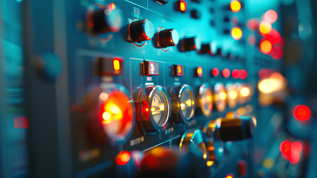 Industrial Control Panel with Gauges in a Power Station. Concept of Electrical Engineering, Technology, Energy Production, Industrial Equipment.の写真素材