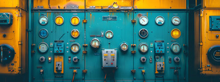 Close-Up of Power Station Control Panel with Analog Gauges and Switches, Concept of Industrial...