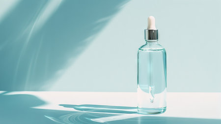 Clear Serum Bottle with Dropper on Light Blue Background. Concept of Skincare, Beauty Products, Self-care Routine, Modern Packaging Design. Mockup for beauty product presentation. Copy space.の写真素材
