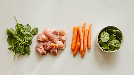 Fresh Ingredients for Homemade Cat Food. Spinach, Carrots, Chicken, and Garlic for a Nutritious Pet Meal Concept.の写真素材