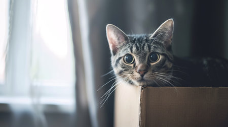 Curious Tabby Cat Peeking Out of a Cardboard Box by the Window. Concept of Playful Pets, Indoor Exploration, Adorable Animal Behavior, Feline Curiosity.の写真素材