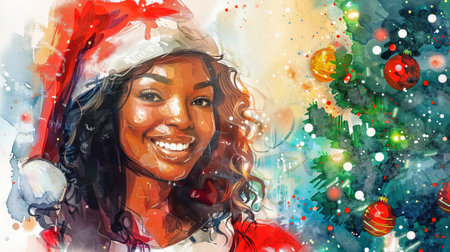 Joyful African American Woman in Santa Hat by Christmas Tree Watercolor Art. Concept of Holiday Spirit, Festive Cheer, Cultural Celebration, Seasonal Joy.の写真素材