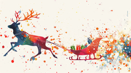 Watercolor Art of a Reindeer Pulling a Sleigh with Gifts in a Festive Winter Scene. Concept of Holiday Spirit, Christmas Cheer, Traditional Celebrations, and Seasonal Joy.の写真素材