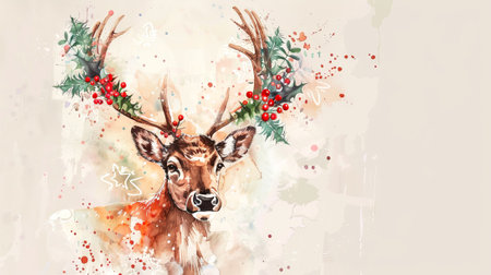 Colorful Watercolor Illustration of a Reindeer with Festive Antlers Adorned with Holly Berries and Leaves. Copy space.の写真素材