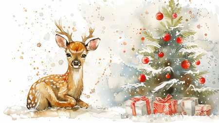 Watercolor Illustration of a Deer Fawn with Festive Christmas Tree and Gifts Concept of Holiday Spirit, Winter Wonder, Festivity, and Nature's Beauty.の写真素材