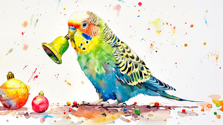 Watercolor illustration of a colorful budgerigar with Christmas holiday ornaments. Concept of festive wildlife art, vibrant nature, holiday decor, cute parrot ringing a bell, and joyful celebration.の写真素材