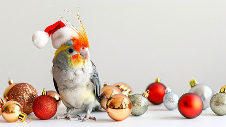 Colorful Cockatiel Wearing Santa Hat Amidst Festive Christmas Ornaments. Concept of Cute Parrot, Holiday Spirit, Festive Season, Christmas Decorations, and Celebratory Atmosphere.の写真素材