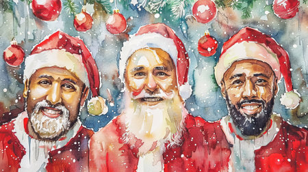 Three diverse Santa Clauses in watercolor style, wearing red Santa hats, surrounded by festive Christmas ornaments and snow. Concept of multicultural Christmas, holiday spirit, unity in celebration.の写真素材