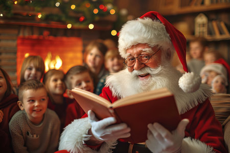 Jolly Santa Claus Reading to a Group of European Children by the Fireplace. Concept of Christmas Magic, Holiday Traditions, Winter Stories in a Cozy Home. Copy space.の写真素材