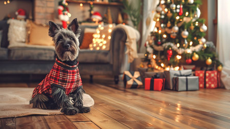 Scottish Terrier Dog Wearing a Festive Red Plaid Sweater Sitting in a Cozy Living Room During Christmas. Concept of Holiday Spirit, Festive Decor, Winter Warmth, Pet Companionship. Copy space.の写真素材