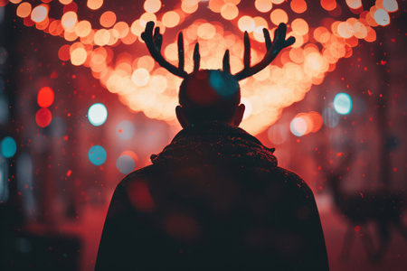 Silhouette of a Man with Reindeer Antlers in Festive Lights. Concept of Holiday Magic, Christmas Spirit, Winter Wonder, and Festive Atmosphere.の写真素材