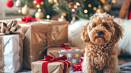 Adorable curly-haired dog surrounded by festive Christmas presents and holiday decorations. Concept of joyful pet moments, cozy holiday atmosphere, Christmas celebration, canine companionship.の写真素材