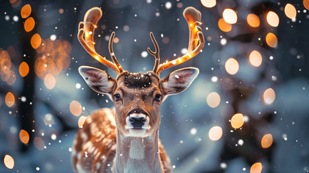 Magical Winter Scene with Illuminated Deer in Snowy Forest. Concept of Christmas, Holiday Spirit, Nature's Beauty, Enchanting Wildlife, and Festive Atmosphere.の写真素材