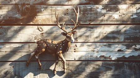 Rustic Wooden Deer Sculpture Against Weathered Plank Wall in Sunlit Forest Setting. Concept of Nature-Inspired Art, Woodland Decoration, Natural Beauty, Christmas. Copy space.の写真素材