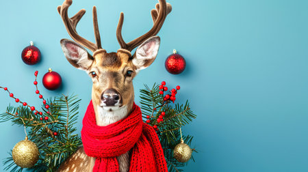 Festive Deer with Red Scarf Surrounded by Christmas Ornaments and Evergreen Branches on blue background. Concept of Holiday Season, Winter Celebration, Festive Decor, Christmas. Copy space.の写真素材