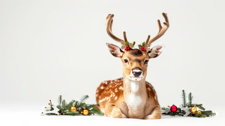 Christmas deer with antlers decorated with holly, lying with festive ornaments on a white background. Concept of holiday season, winter decoration, minimalism, Christmas animal. Copy space.の写真素材