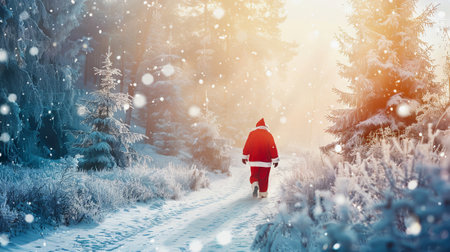 Santa Claus Strolling Through a Snowy Forest with Sunlight Filtering Through Trees. Concept of Christmas Magic, Winter Wonderland, Holiday Spirit, Festive Season.の写真素材