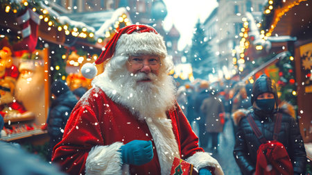 Caucasian Santa Claus Delivering Presents in a Bustling City Market. Concept of Christmas Magic, Holiday Spirit, Winter Festivities, Joyful Giving, and Urban Festive Atmosphere.の写真素材