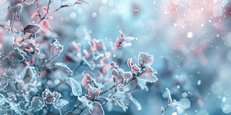 Frost-covered leaves with delicate branches against a soft, wintry background. Concept of winter...