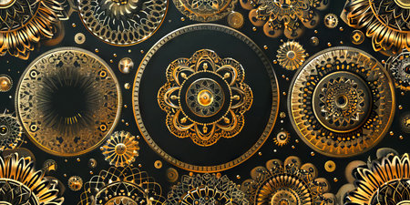 Golden Mandala Patterns on Black Background Intricate Design. Concept of Luxury, Artistic Expression, and Decorative Art.の写真素材