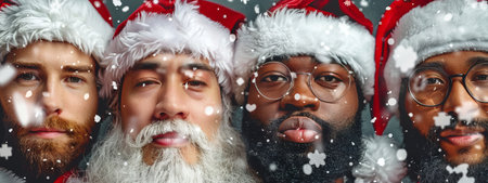 Multicultural Group of Men in Santa Hats Celebrating Christmas. Winter Holiday Cheer, Diversity, Joy, and Friendship Concept. Banner.の写真素材