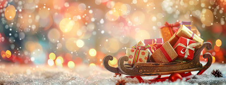 Festive Christmas Sleigh with Wrapped Gifts on Snowy Ground, Celebrating Holiday Spirit and Winter Festivity. Concept of Gift Giving, Seasonal Celebration, Festive Atmosphere. Copy space. Banner.の写真素材