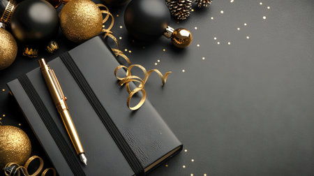 Luxurious Flat Lay of Black Notebook with Gold Pen and Holiday Ornaments on dark backdrop. Concept of Elegance Celebrations and Festive Writing. Christmas background with copy space.の写真素材