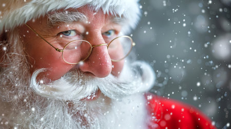Close-Up of Santa Claus with Twinkling Eye and Red Hat in Snowy Setting Concept of Festive Cheer, Holiday Spirit, Joyful Celebration, Christmas Tradition. Copy space.の写真素材