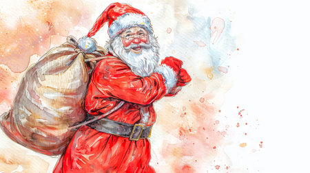 Cheerful Santa Claus Carrying a Sack of Gifts in Watercolor Art. Concept of Holiday Spirit, Joyful Celebration, Giving Season, Christmas Traditions. Copy space.の写真素材