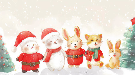 Cute Animals in Christmas Attire Enjoying Festive Season in Snowy Wonderland Art Illustration of Holiday Joy and Friendship. Concept of Celebration, Festive Joy, Winter, Friends.の写真素材