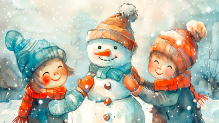 Watercolor Illustration of Children Building a Snowman in Winter Wonderland. Concept of Childlike Joy, Winter Fun, Friendship, and Imagination.の写真素材