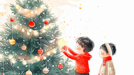 Watercolor Illustration of Asian Children Decorating a Christmas Tree with Ornaments and Lights. Concept of Holiday Spirit, Childhood Joy, Family Traditions, Festive Celebration.の写真素材
