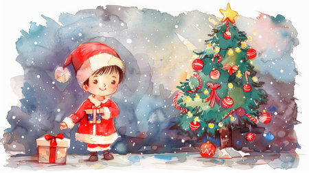 Child in Santa Outfit with Gifts and Decorated Christmas Tree in Watercolor Art. Concept of Holiday Joy, Winter Festivities, Childhood Wonder, and Gift Giving.の写真素材
