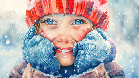 Watercolor Art of a Smiling Caucasian Girl in a Red Hat and Blue Mittens Enjoying Snowfall. Concept of Winter Joy, Childhood Magic, Seasonal Fun, and Outdoor Adventures.の写真素材