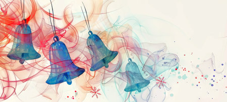 Colorful Watercolor Bells Illustration with Festive Abstract Background and Snowflakes for Holiday Celebration and Winter Joy. Christmas, New Year. Copy space.の写真素材