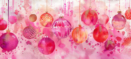 Watercolor Art of Festive Pink and Red Christmas Ornaments Against an Abstract Background. Concept of Holiday Celebration, Artistic Decoration, Festivity, Warm Seasonal Spirit. Copy space.の写真素材