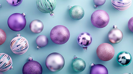 Top-Down View of Colorful Holiday Baubles on Light Blue Background. Concept of Festive Decorations, Christmas Spirit, Ornamentation, and Holiday Celebration. Christmas Background. Copy space.の写真素材