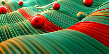 Abstract Modern Art Depicting Vibrant Waves and Red Spheres Capturing Motion and Energy in a Futuristic Design. Abstract Christmas Background. Copy space.の写真素材