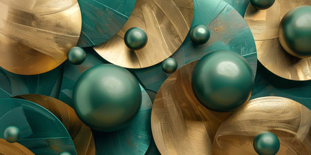 Abstract Green and Gold Circular Shapes with Metallic Spheres. Concept of Modern Art, Geometric Design, Metallic Decor, and Luxury Aesthetics. Abstract Christmas Background. Copy space.の写真素材