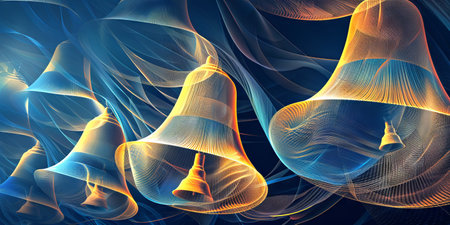 Colorful Abstract Bells in Motion with Flowing Lines Concept of Harmony, Sound, and Dynamic Design in Modern Art Illustration. Abstract Christmas Background.の写真素材